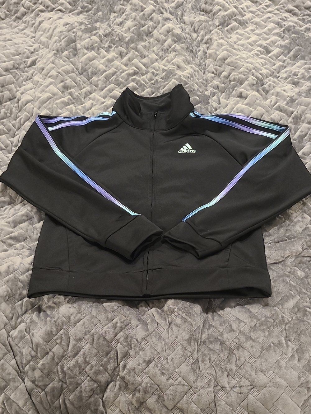 adidas Black Jacket with Iridescent Blue-Purple Stripes
